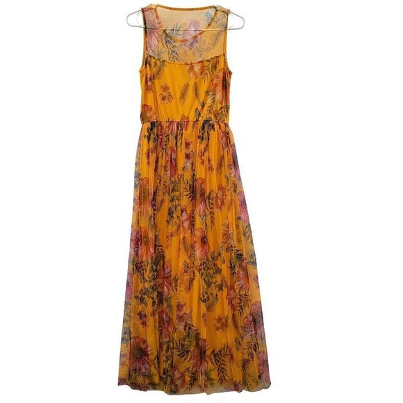 Candalite Maxi Dress Womens S Mustard Yellow Gold Floral Sheer Sleeveless Fairy - Picture 2 of 13